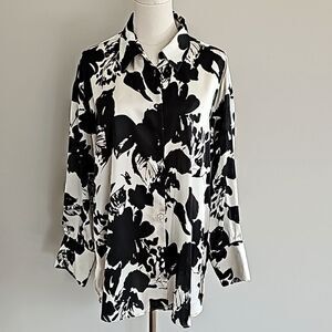Women's Dress Shirt Zara Blouse Button Down Black White Floral Brunch Work